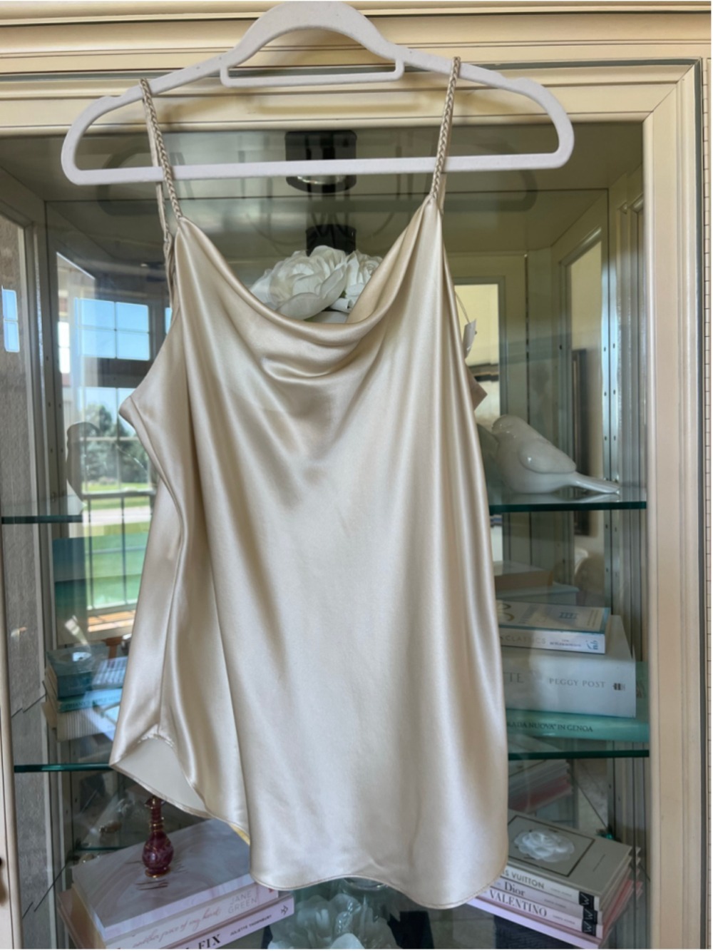Cinq a Sept Cream Gold Satin Cowl Neck Camisole Top L Braided Tassels Quiet Lux - Picture 12 of 12